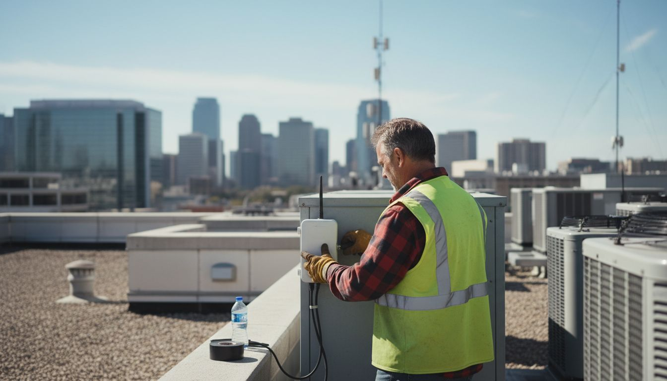 Worker installing IoT sensor on rooftop