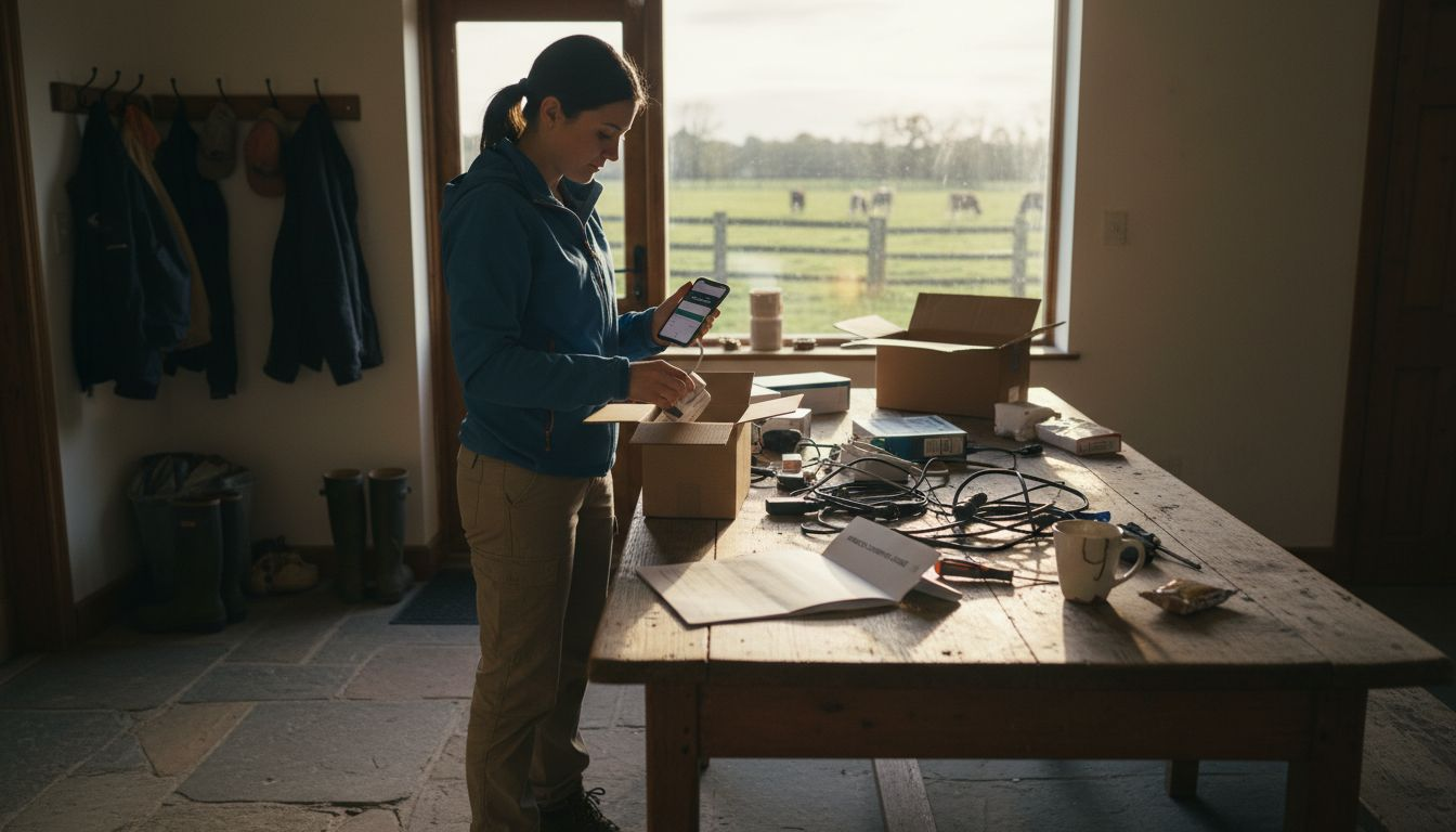 Engineer prepping wireless devices in rural