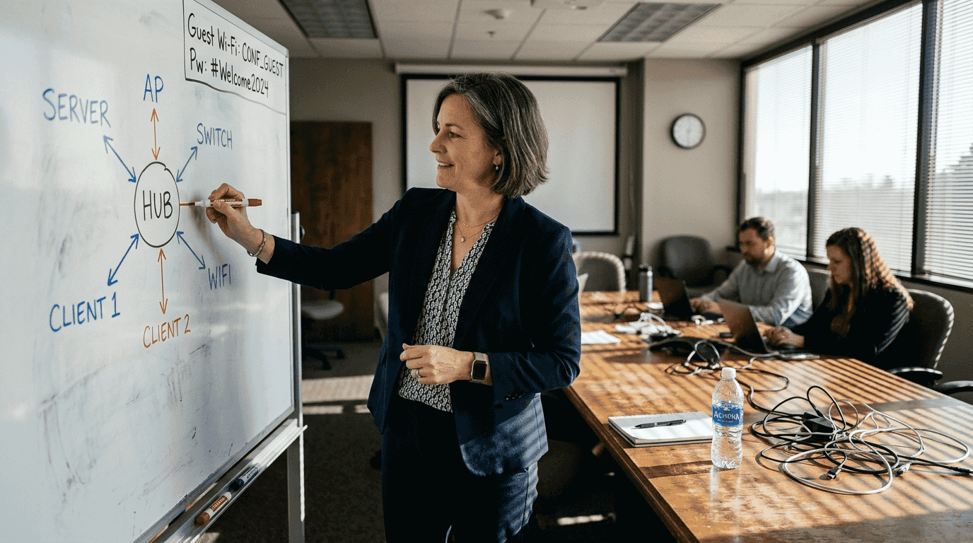 Manager drawing Wi-Fi network diagram on whiteboard