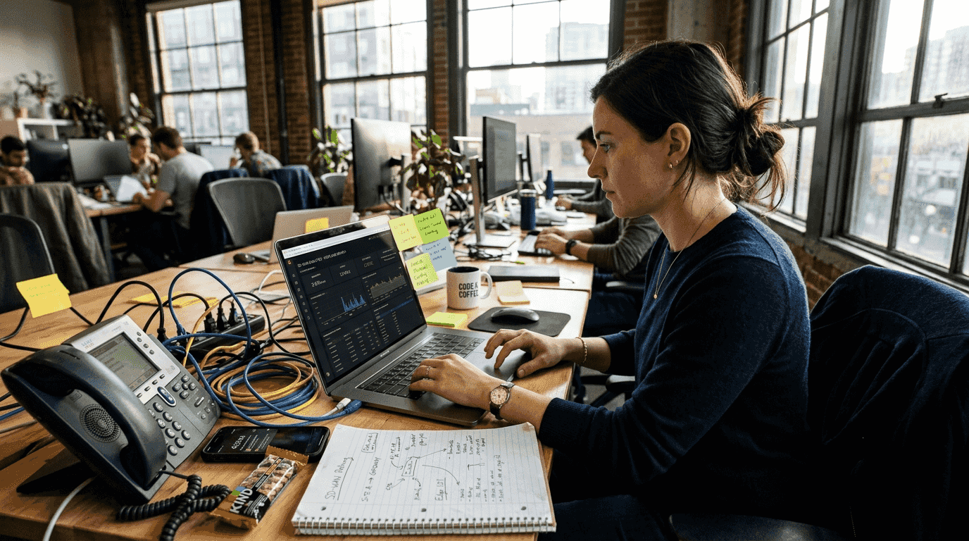 SMB worker checking SD-WAN dashboard with cables