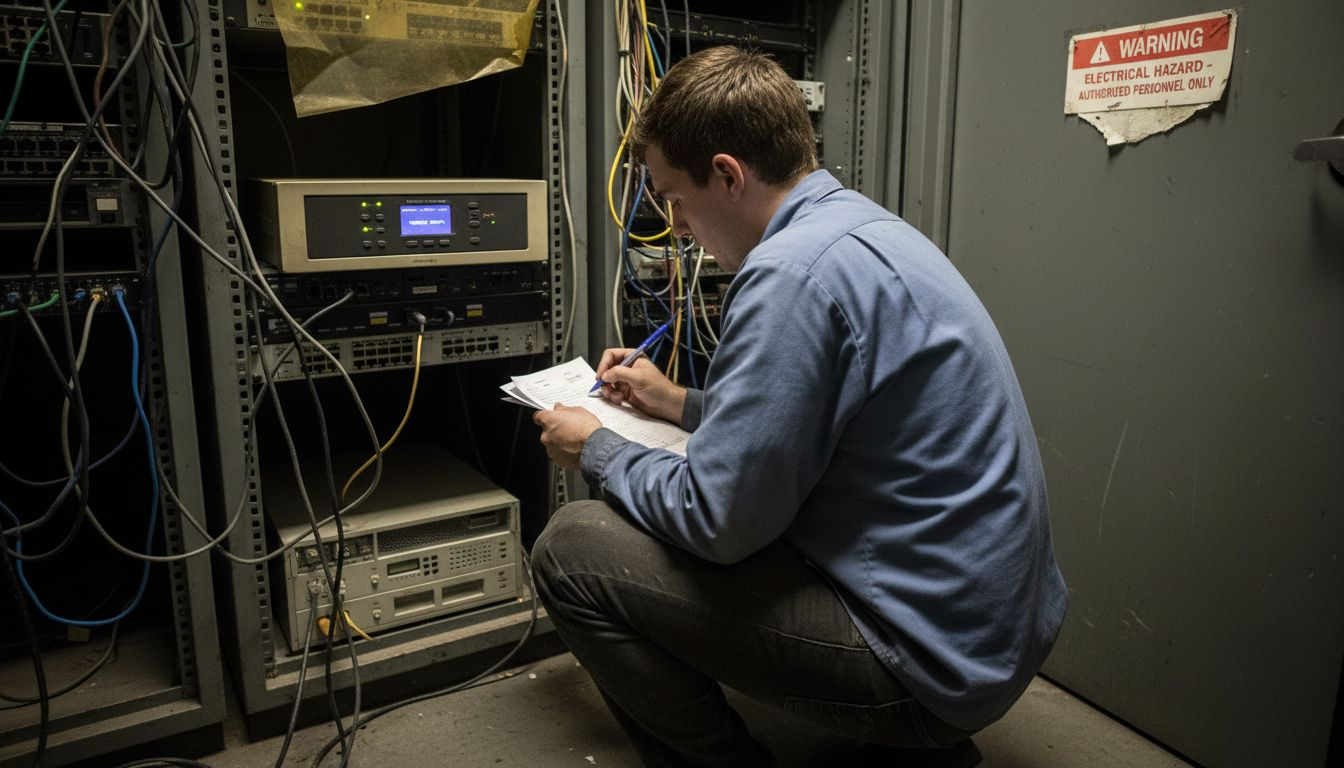 Technician checking business router performance metrics