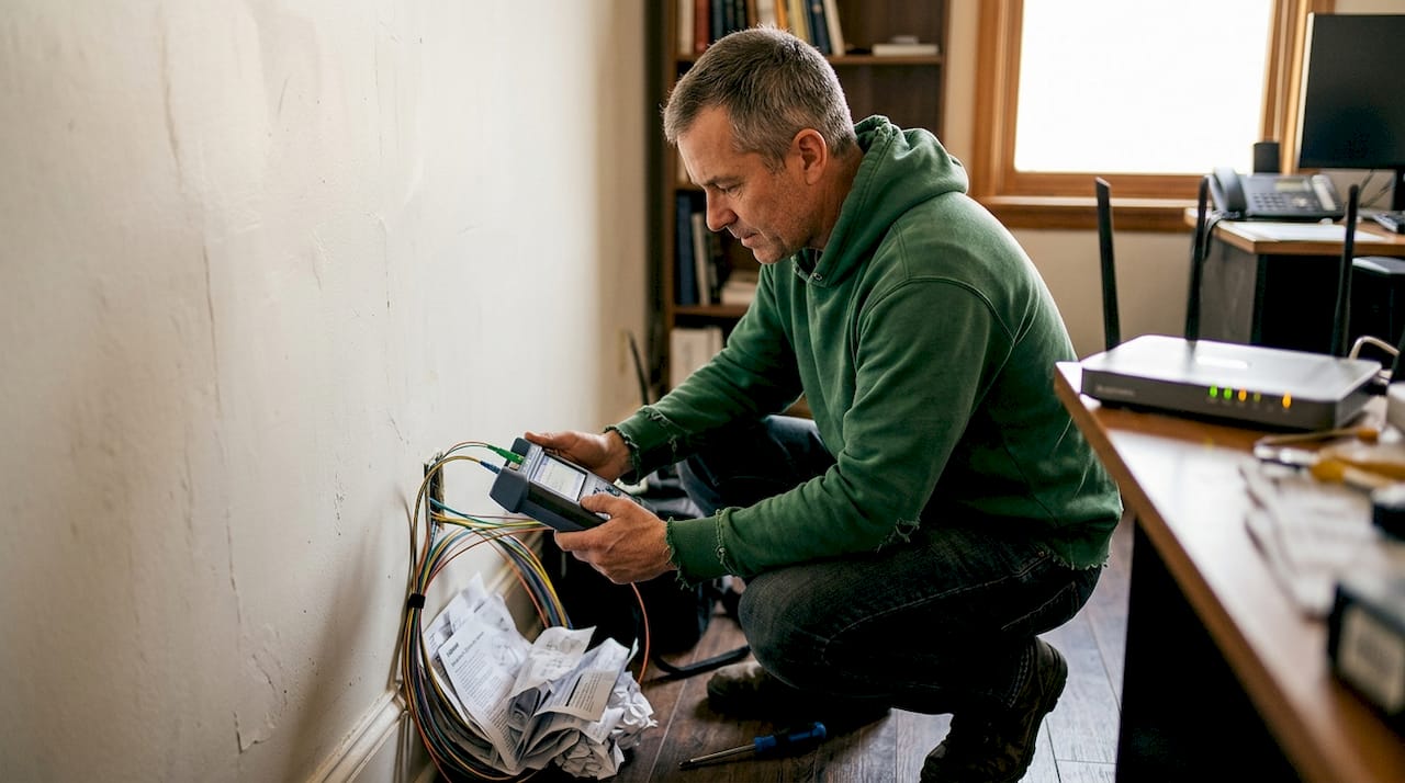 Technician setting up fiber optic internet