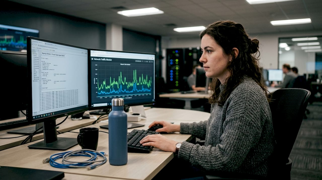 Network technician updating SD-WAN security policies