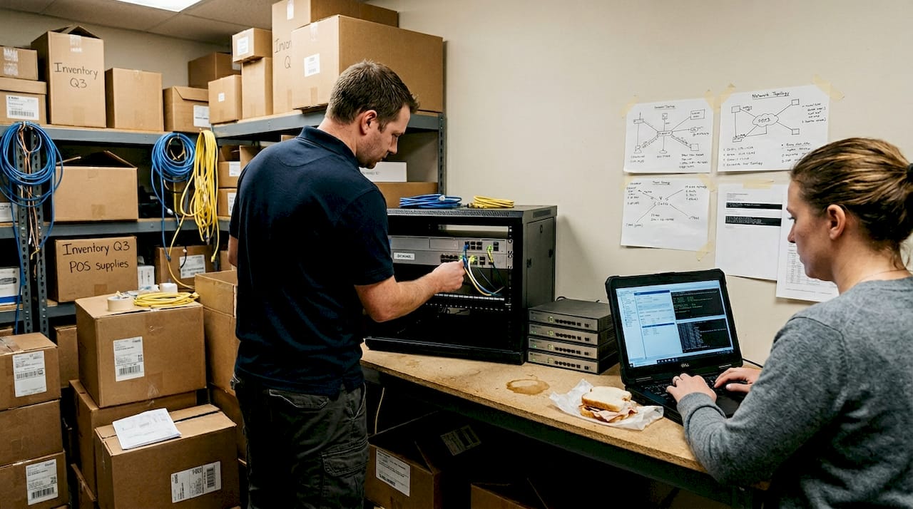 IT team configuring SD-WAN setup on site