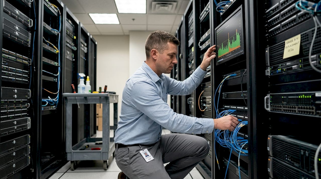 Technician traces cables in server room