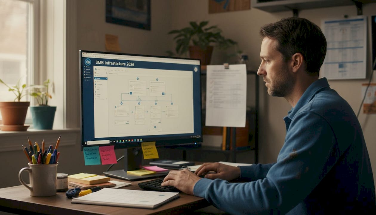 SMB owner reviewing hybrid cloud dashboard