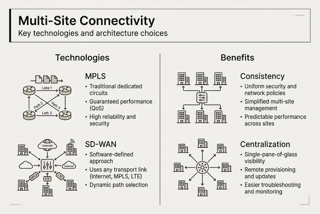 Infographic summarizing multi-site technologies and benefits