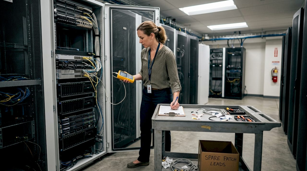 IT specialist troubleshooting network hardware