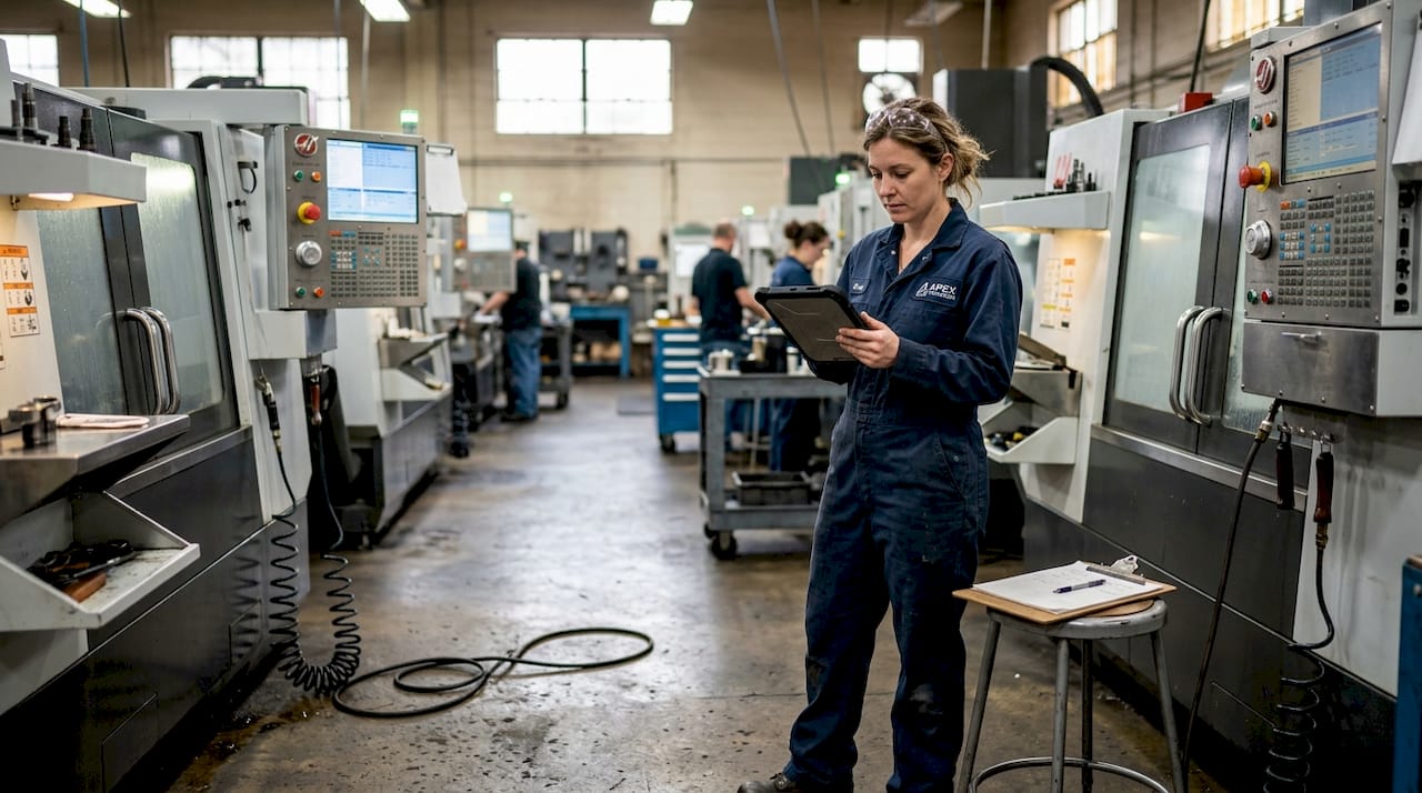 Technician checks tablet by connected CNC machines