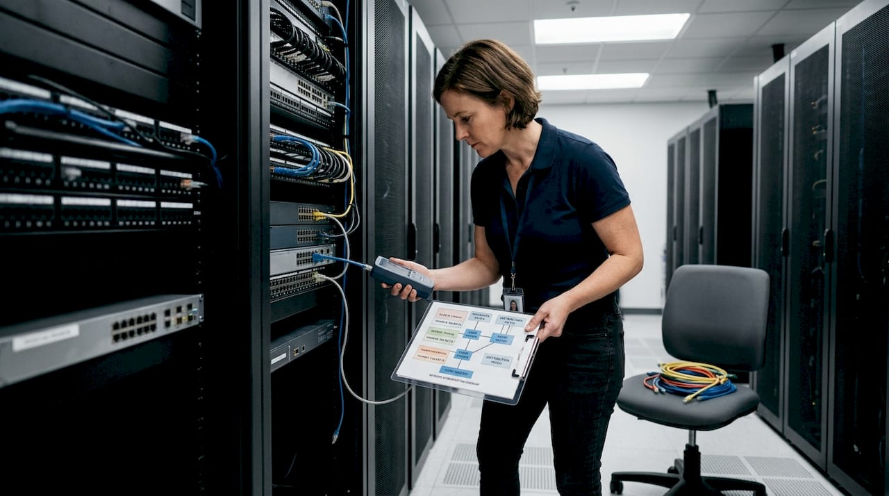 Network administrator segments cables in server room