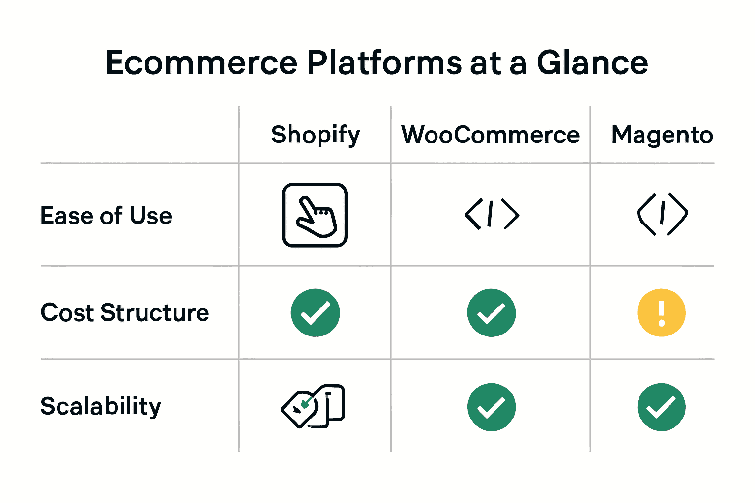 Infographic comparing Shopify, WooCommerce, and Magento features.
