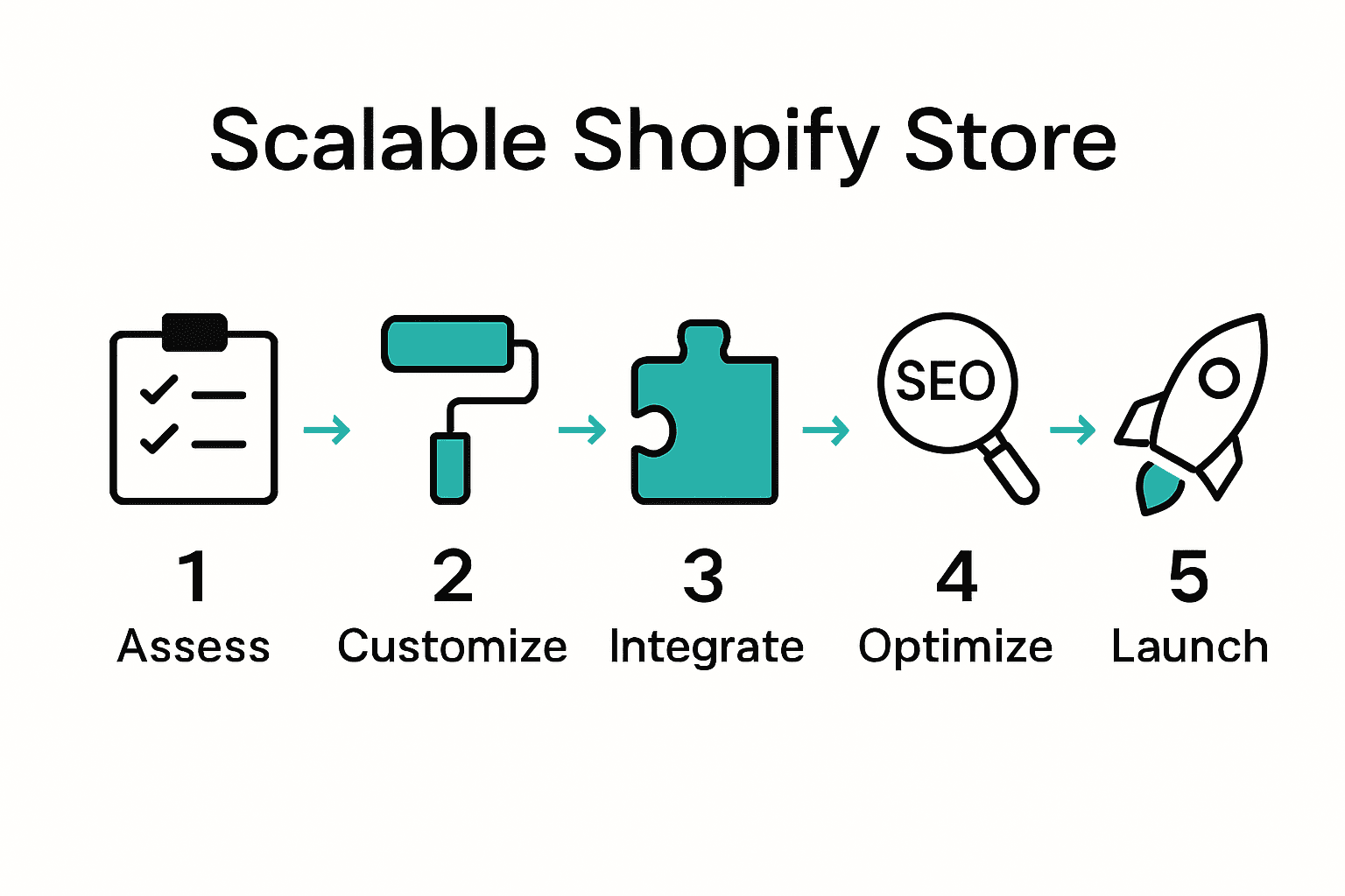Shopify store scalable success five steps infographic with icons and arrows