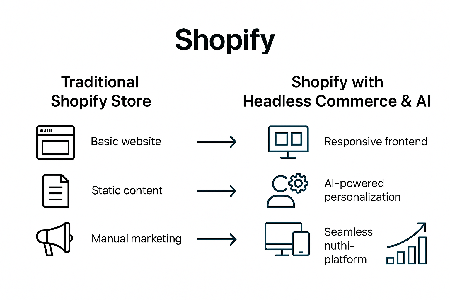 Infographic comparing traditional Shopify and 2025 headless, AI-powered Shopify stores