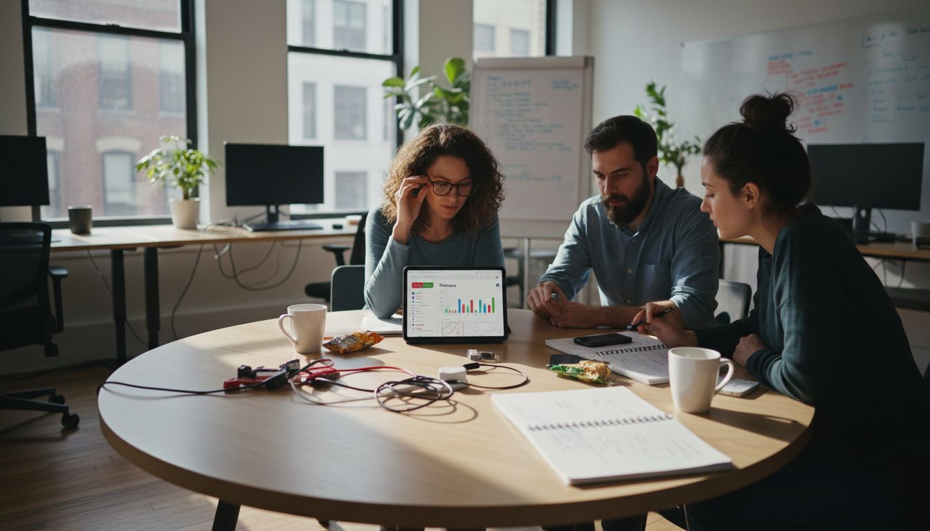 Team reviews Shopify app dashboard on tablet