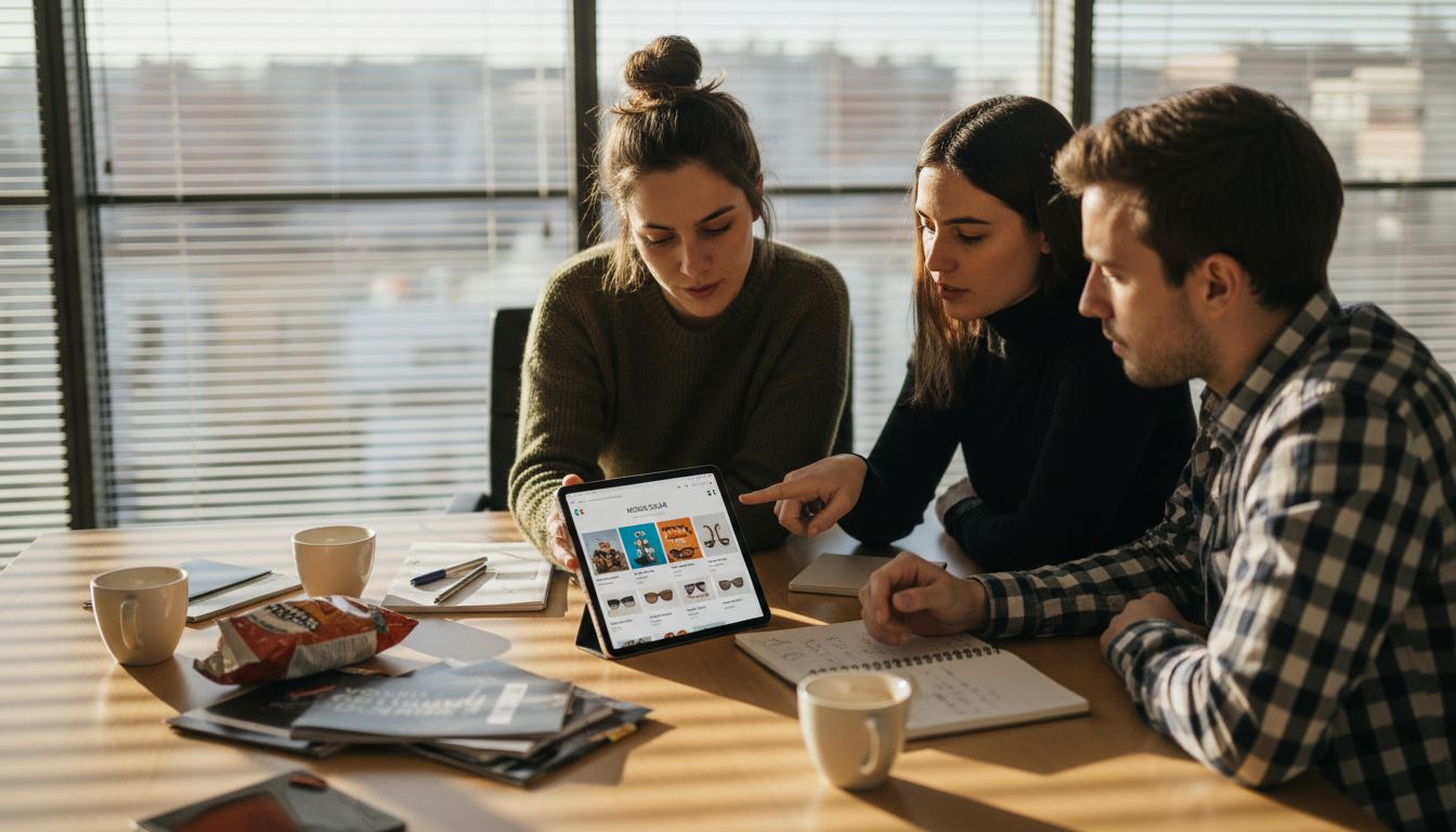 Un equipo reunido alrededor de una mesa analiza el diseño de su tienda en Shopify.