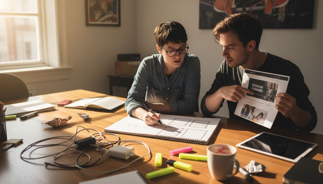 Two designers reviewing Shopify homepage sketches