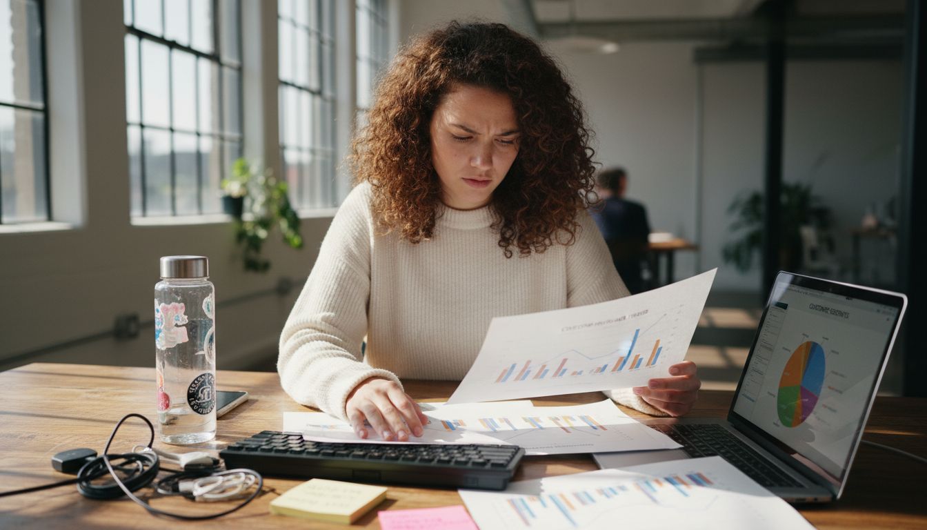 Woman reviews customer metrics printouts in coworking space