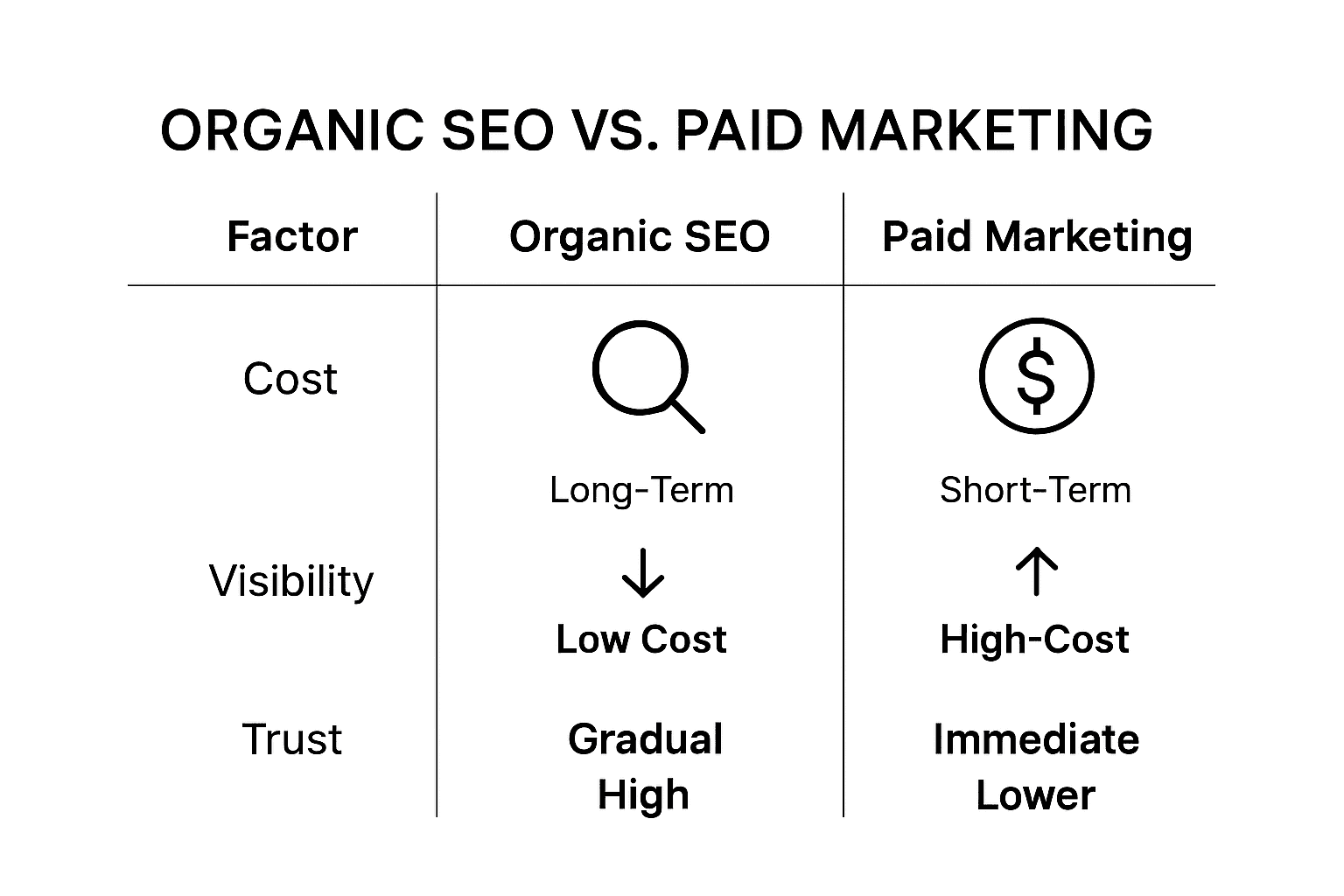Infographic comparing SEO and paid marketing