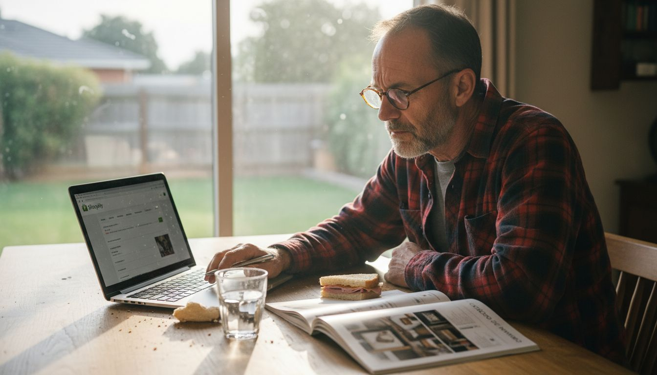Un hombre revisa el panel de control de Shopify mientras está sentado en la mesa de la cocina.