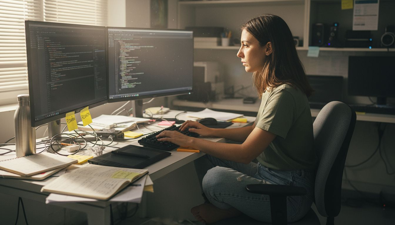 Un desarrollador trabaja en su escritorio personalizando el panel de administración de Shopify.