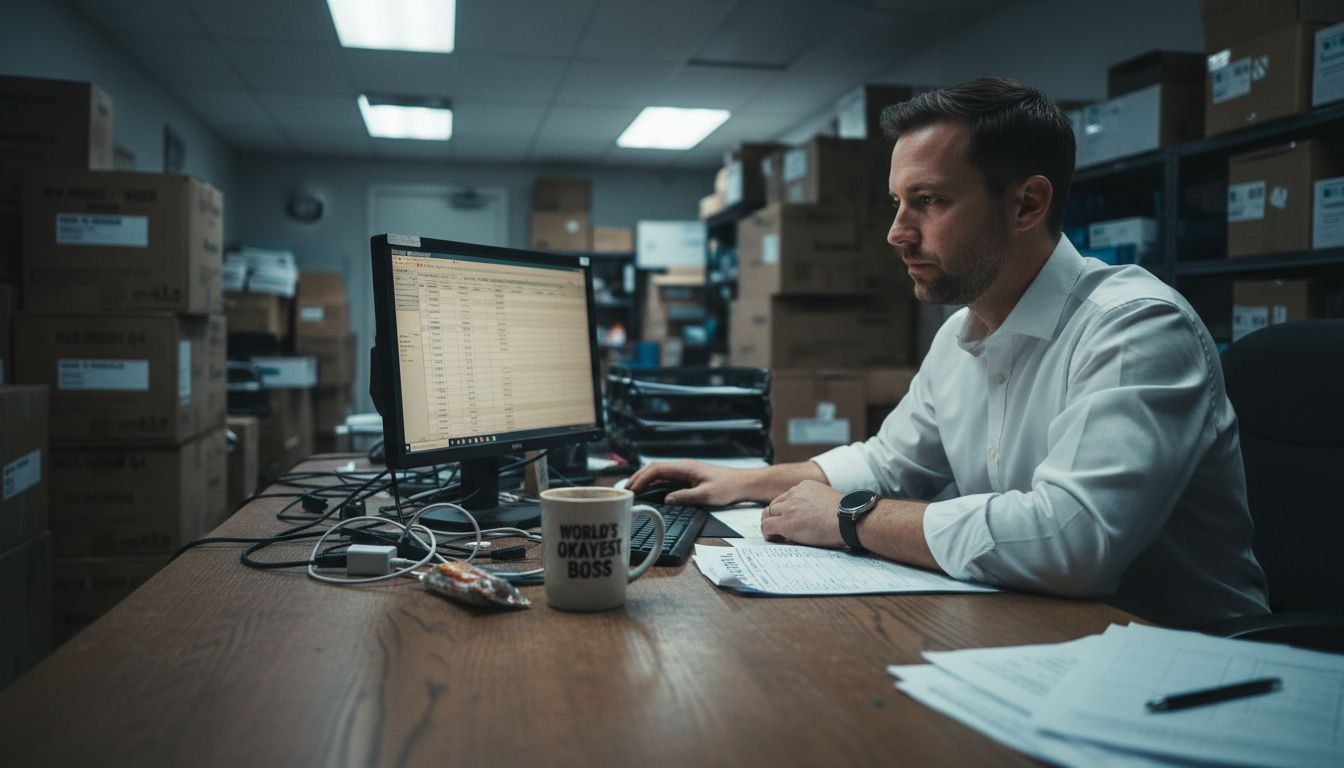 Manager checking store audit on office desktop