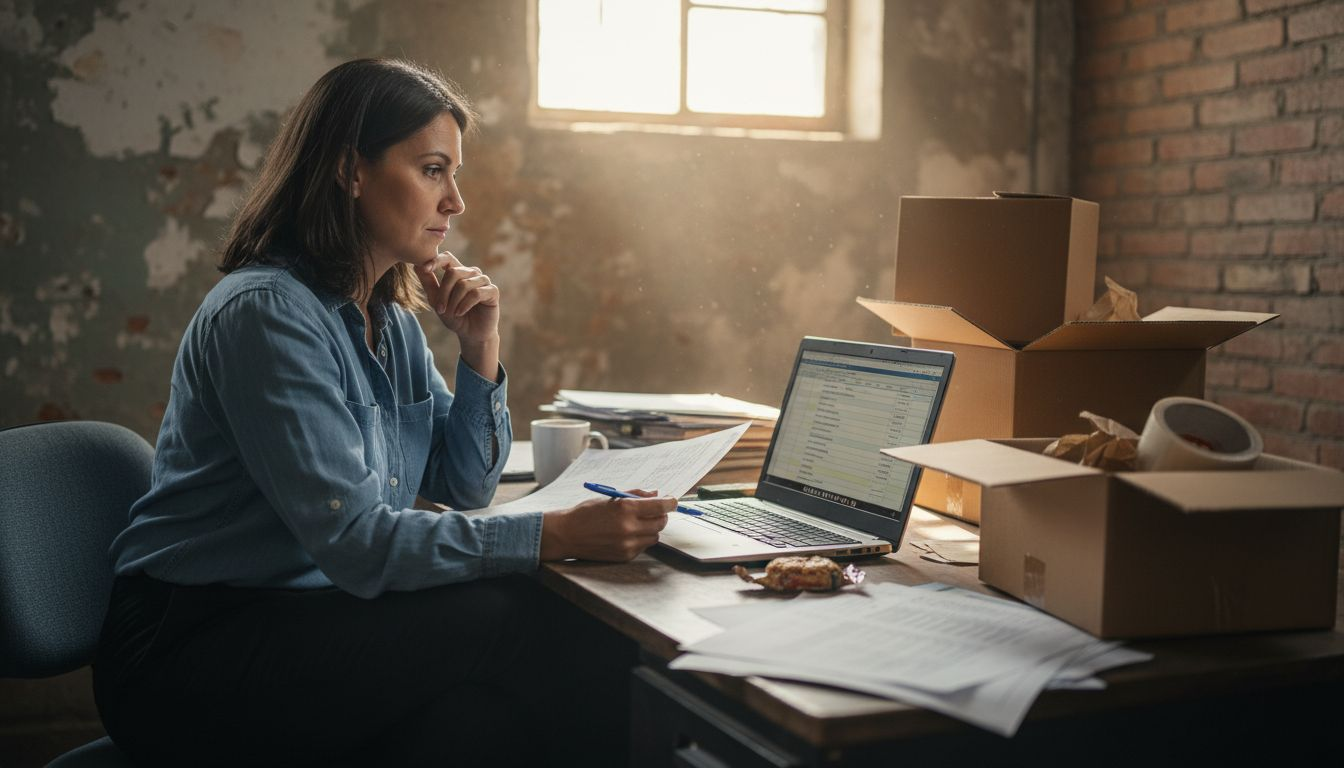 Una mujer revisa y compara el inventario que tiene registrado en su portátil con los datos anotados en sus documentos.