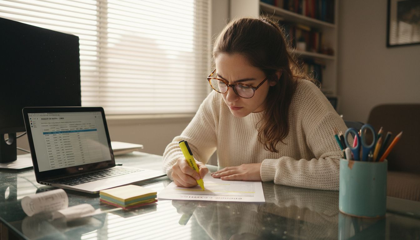 Mujer revisando el informe de ventas de su tienda online en su escritorio.