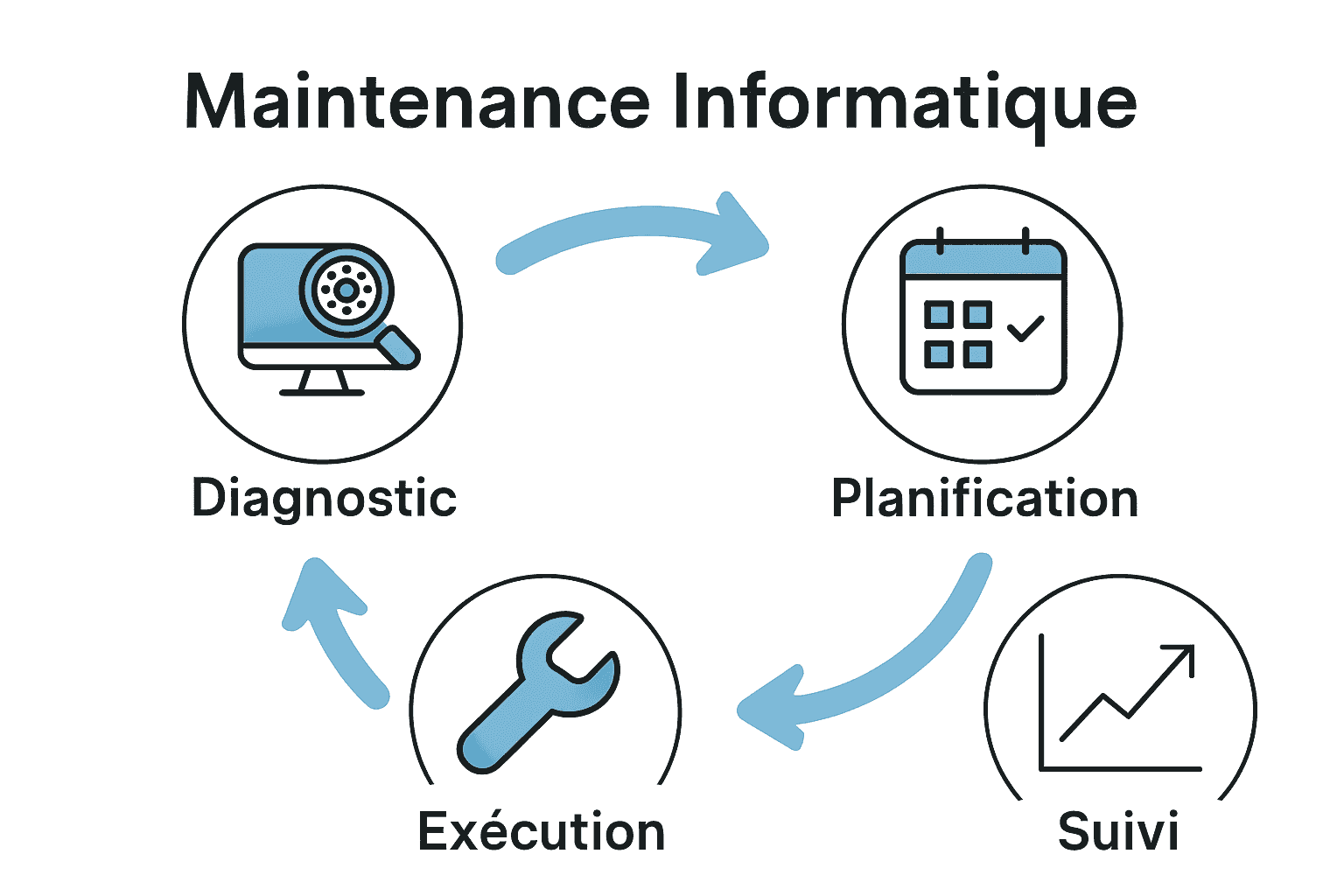 Infographie des étapes du cycle de maintenance informatique