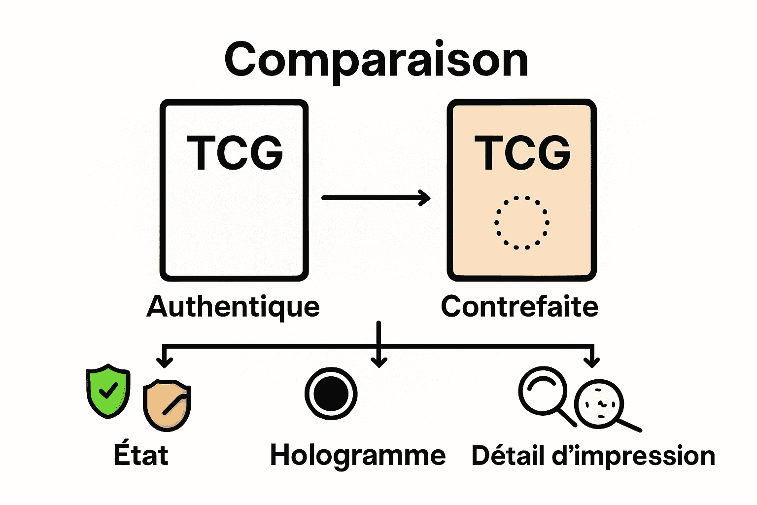 Comparaison carte TCG authentique vs contrefaçon