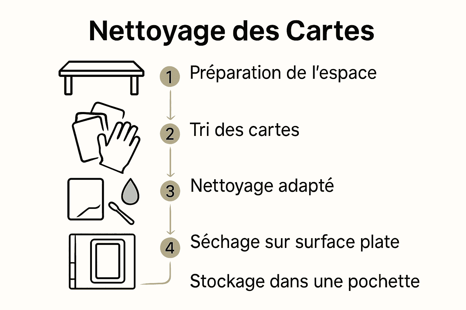 Infographie du processus en 5 étapes pour nettoyer et protéger des cartes à collectionner.