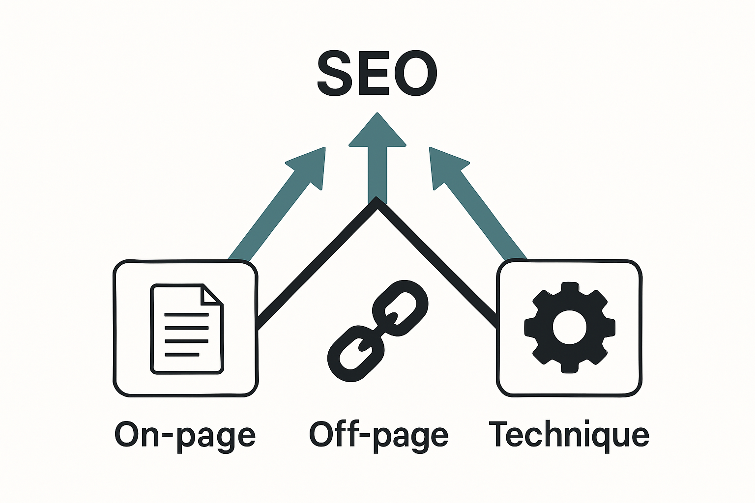 Infographie montrant trois piliers du SEO : on-page, off-page, technique