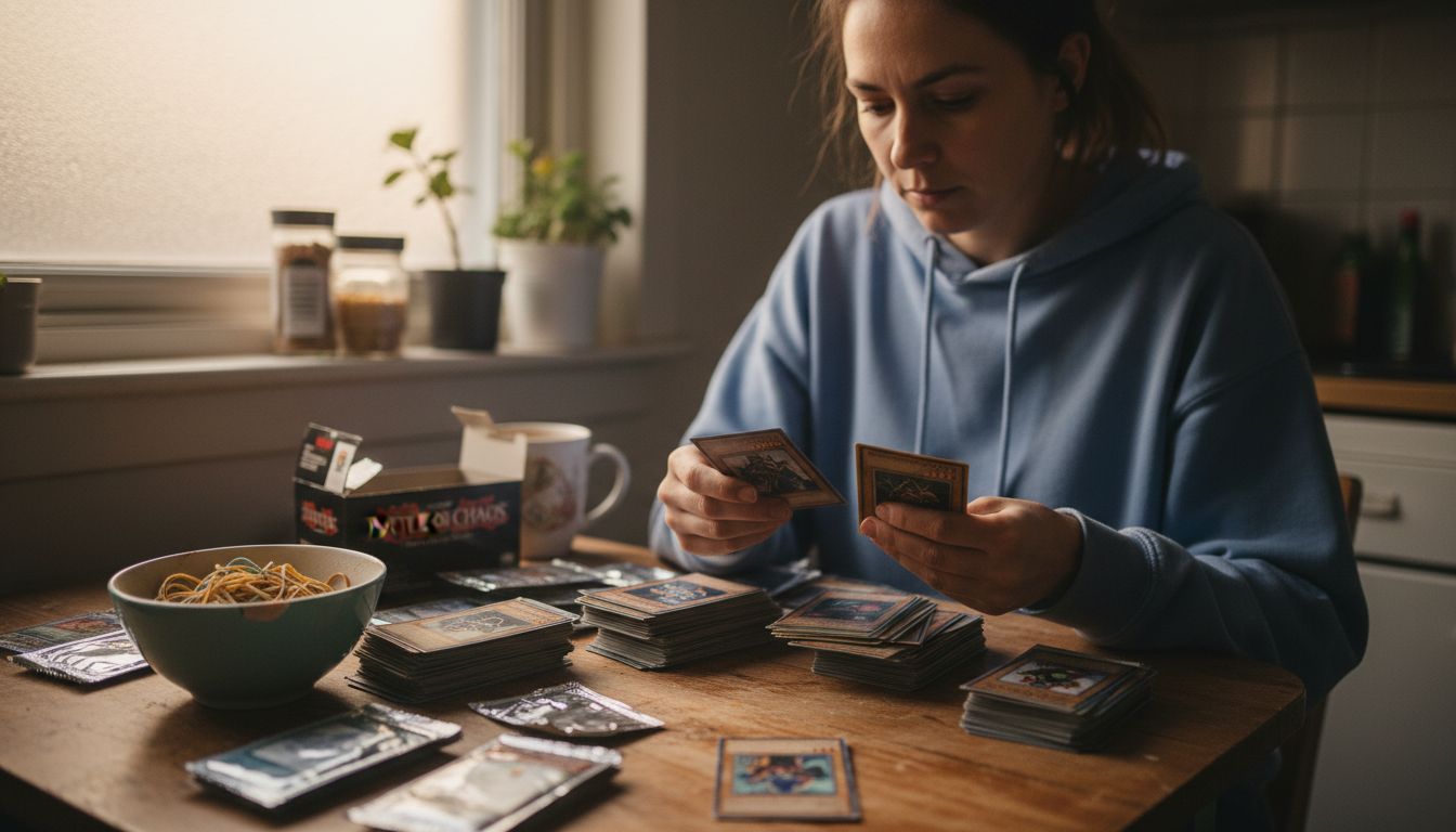 Woman sorting Yu-Gi-Oh cards by rarity