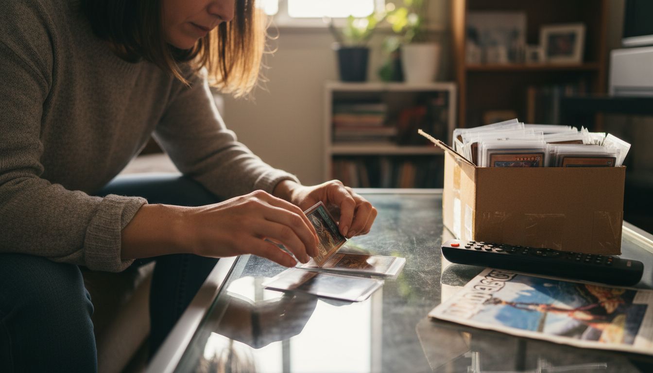 Woman organizing rare Yu‑Gi‑Oh cards