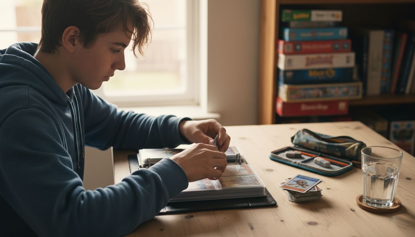 Teenager organizing trading cards in binder