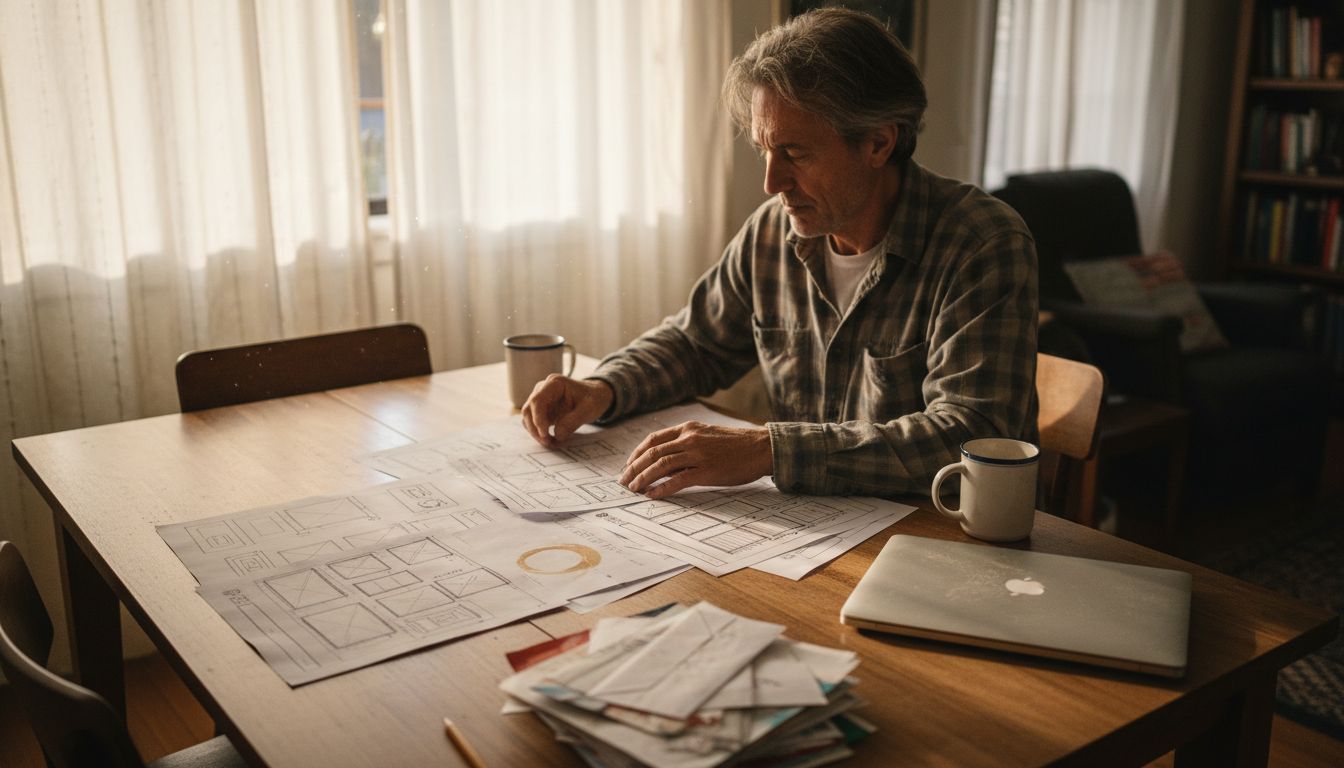 Man organizing sketched website structures