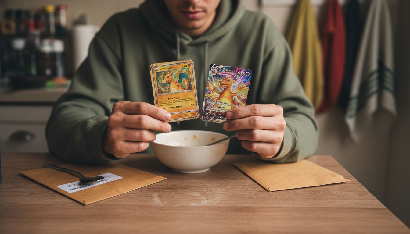 Person comparing old and new Pokémon cards
