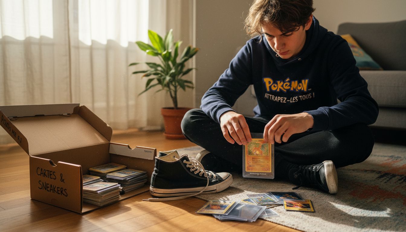 Un adolescent veille jalousement sur sa carte Pokémon ultra rare, prêt à tout pour la garder en sécurité.