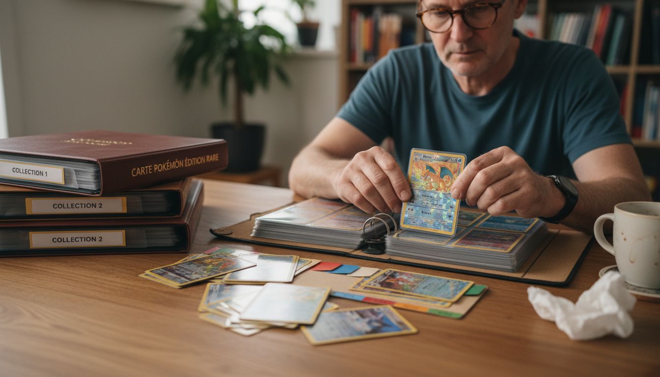 Un passionné de cartes Pokémon range soigneusement une carte dans son classeur de collection.