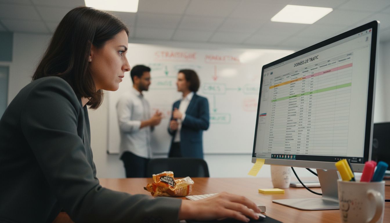 Une femme examine attentivement les résultats d’un audit SEO à l’aide d’un tableau de données.