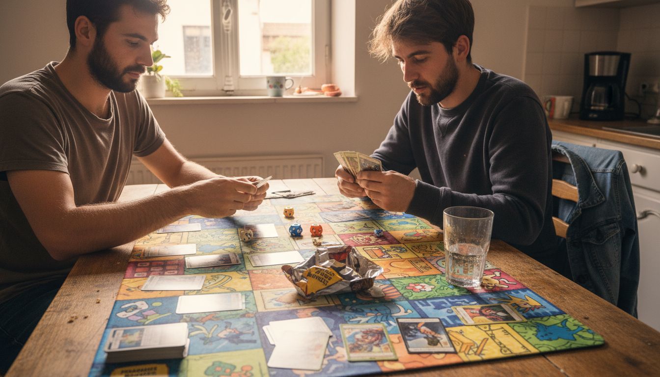 Des amis réunis autour d’une table, en pleine partie de cartes à collectionner.