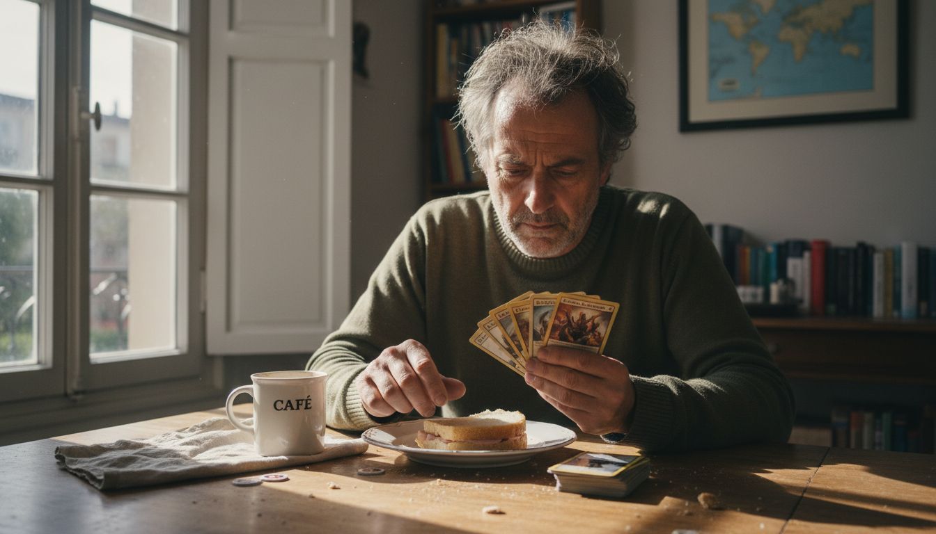 Un joueur de Magic réfléchissant à sa prochaine stratégie, seul à sa table.