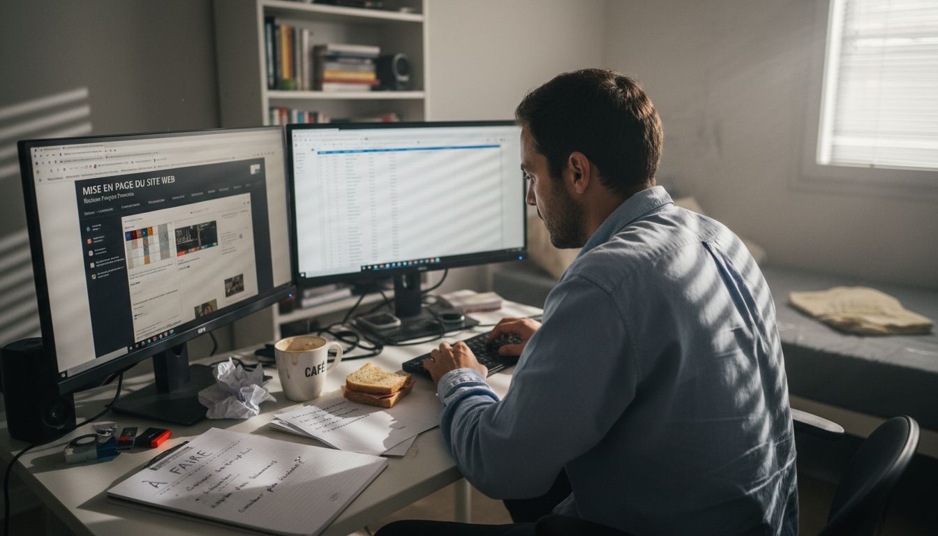 Un développeur en train de mettre à jour le site web, avec des notes et idées griffonnées à portée de main.