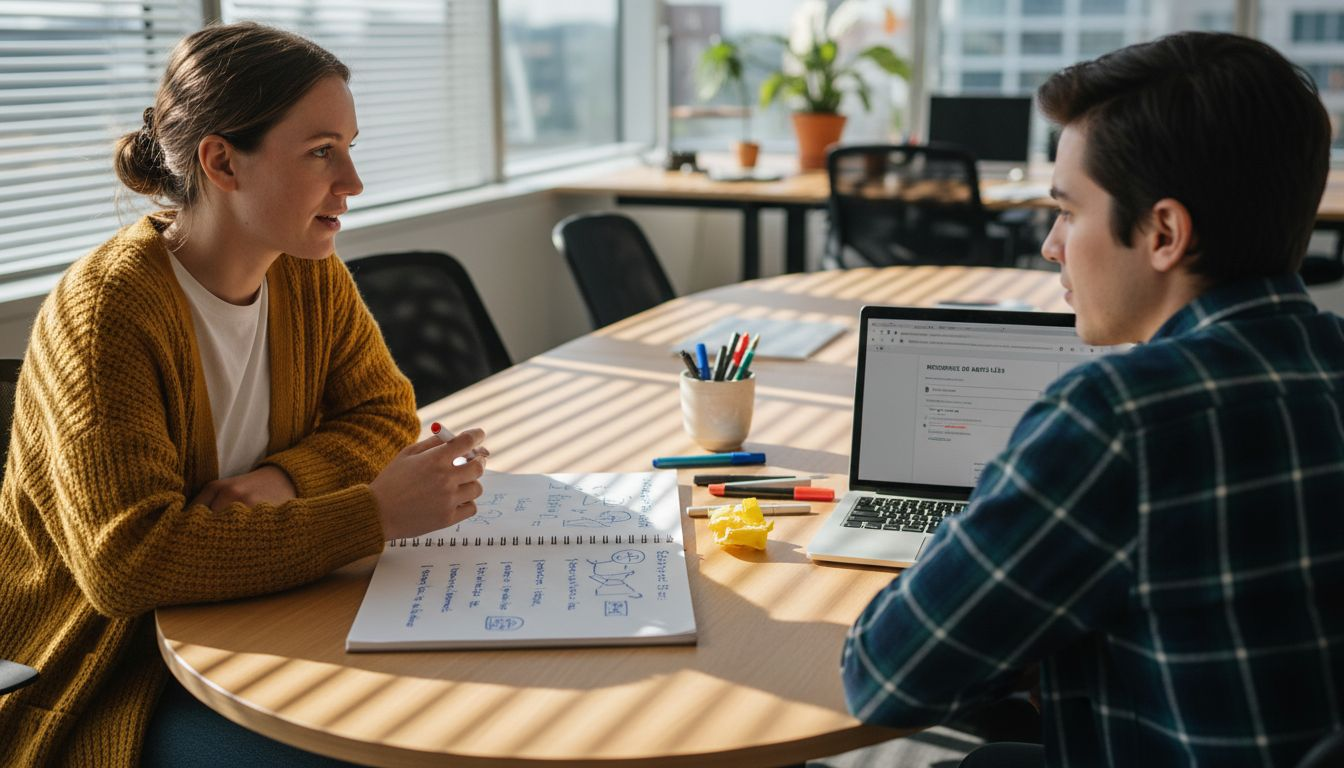 Des collègues échangent autour d’une table pour élaborer une stratégie de contenu SEO.