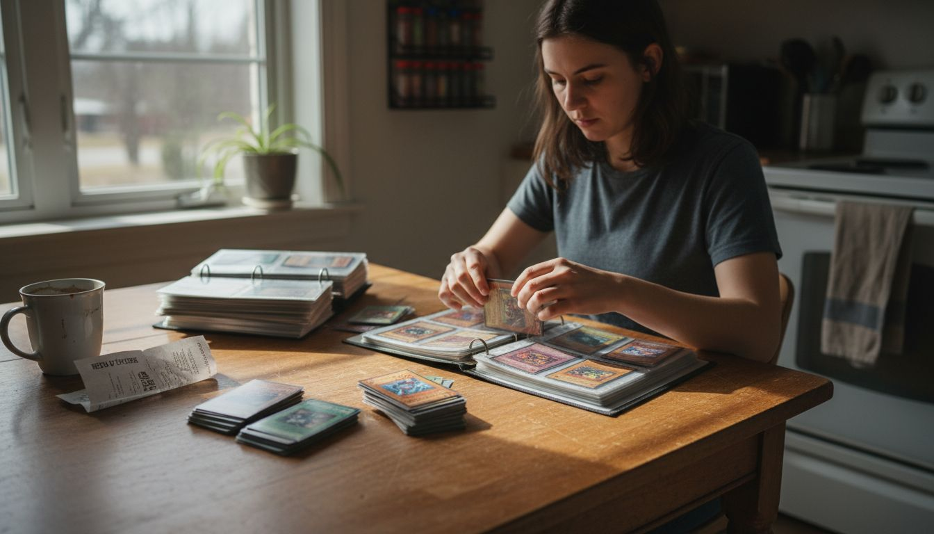 Une femme range soigneusement ses cartes Yu-Gi-Oh dans des pochettes de collection.