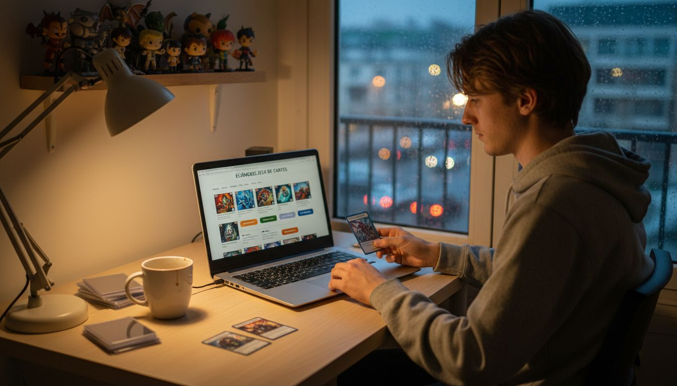 Quelqu’un qui échange des cartes à collectionner en ligne, tard le soir.