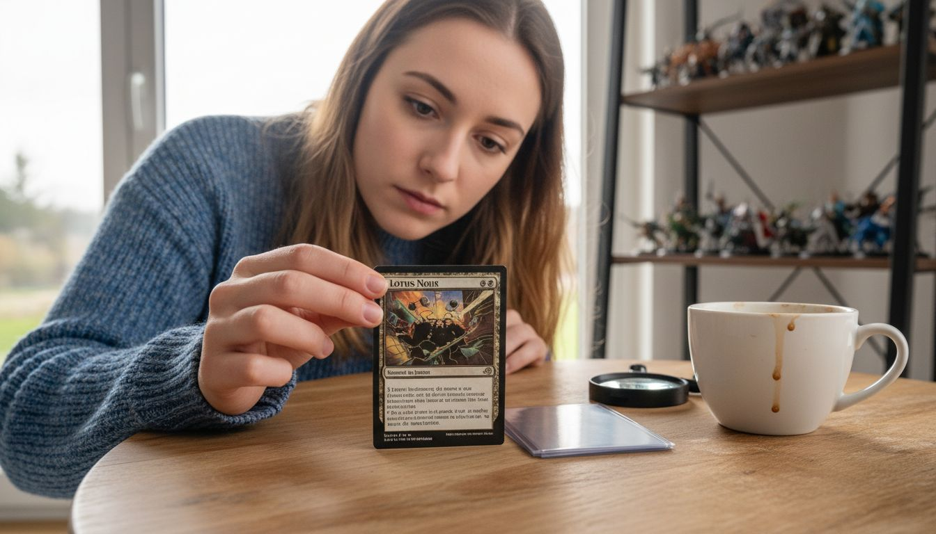 Une femme examine l’état d’une carte de sa collection Magic.