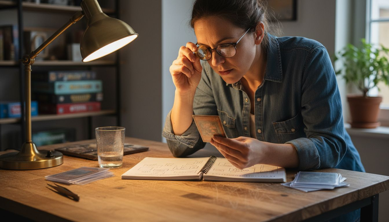 Une femme examine minutieusement les bords d'une carte à l'aide d'une loupe.