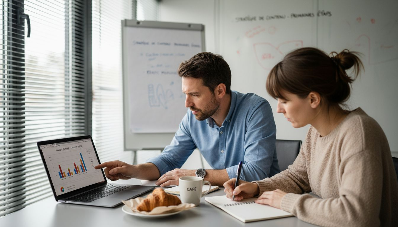 Des collègues échangent autour des statistiques de performance du blog.