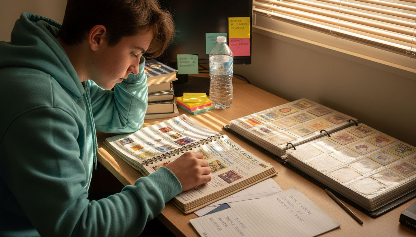Un adolescent concentré révise le vocabulaire des jeux de cartes à collectionner, assis à son bureau.