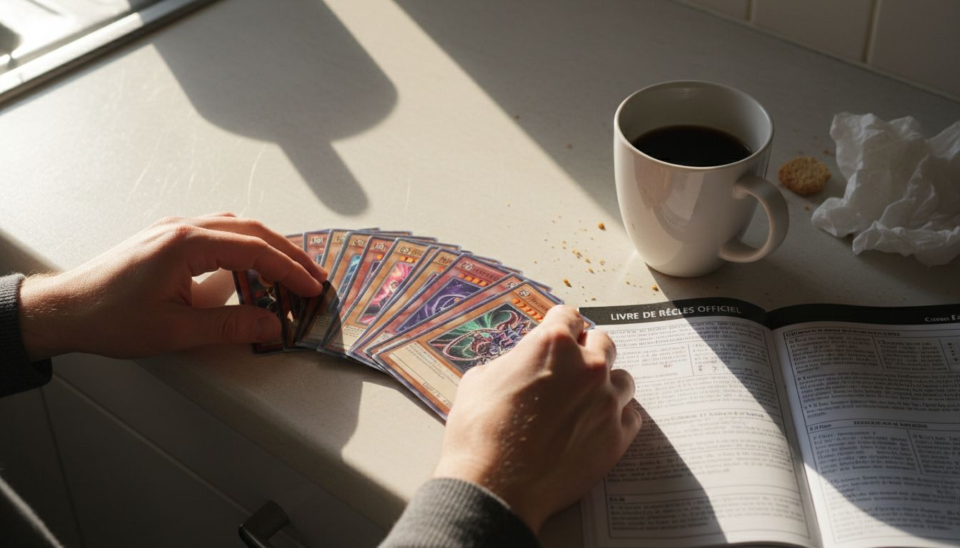 Des mains s'affairent à trier des cartes Yu-Gi-Oh étalées sur la table.